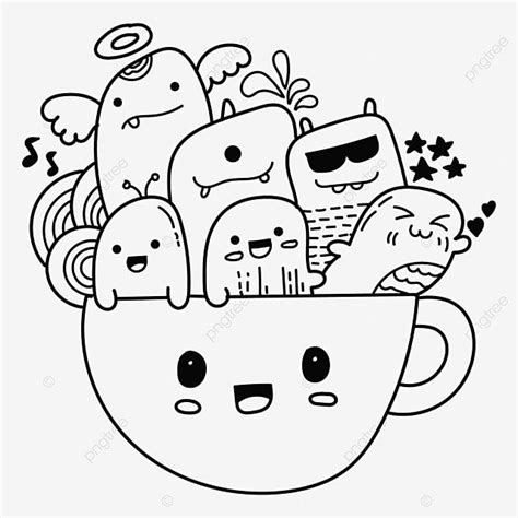 Cup Doodle Vector Hd Images Cute Cup Doodle Line Art Black White