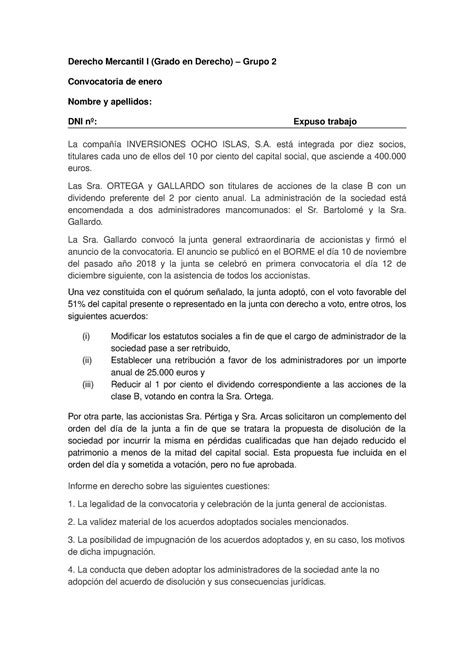 Examen Enero 2019 Derecho Mercantil I Grado En Derecho Grupo 2