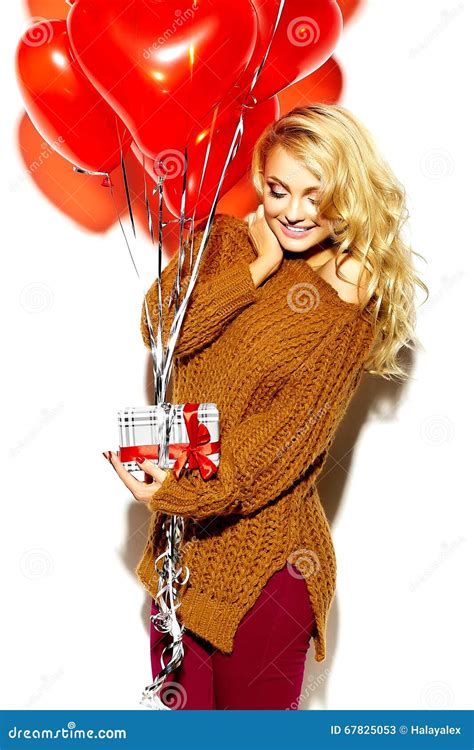 Happy Sweet Cute Smiling Blonde Woman In Casual Clothes Stock Image Image Of Person