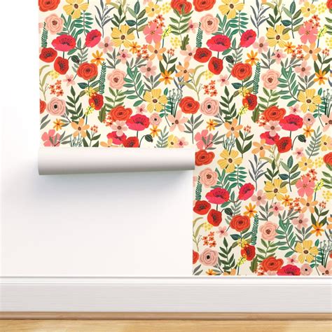 Botanical Wallpaper 16 Country Flowers Ivory by - Etsy