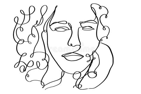 Portrait Of A Beautiful Woman With Curly Hair Continuous Line Drawing