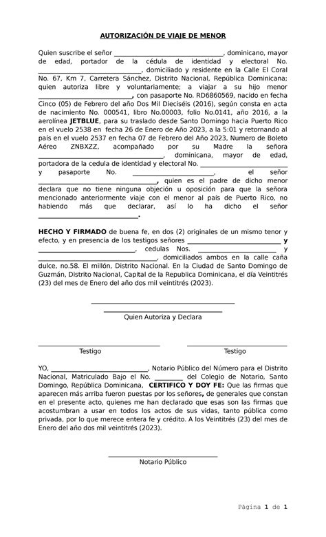 Modelo Autorizaci N De Permiso Viaje De Menor Autorizaci N De Viaje