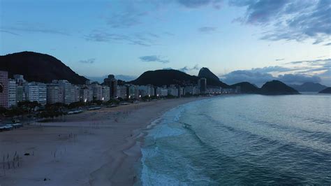 Rio de Janeiro City at Morning Twilight. Copacabana Beach and Atlantic Ocean. Blue Hour. Aerial ...