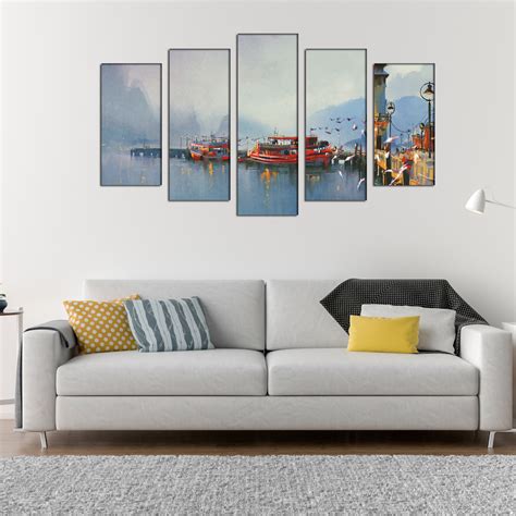 Fishing Boats In Harbor Canvas Panel Wall Painting With 5 Frames At