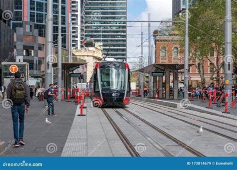 Red Light Rail Tramway On George Street Near Town Hall Station In