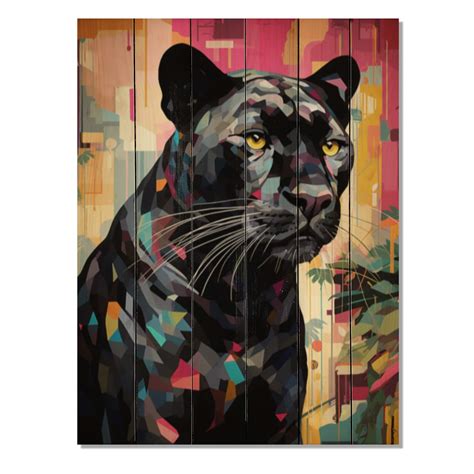 Designart Black Pink Panther Popart Animals Print On Natural Pine