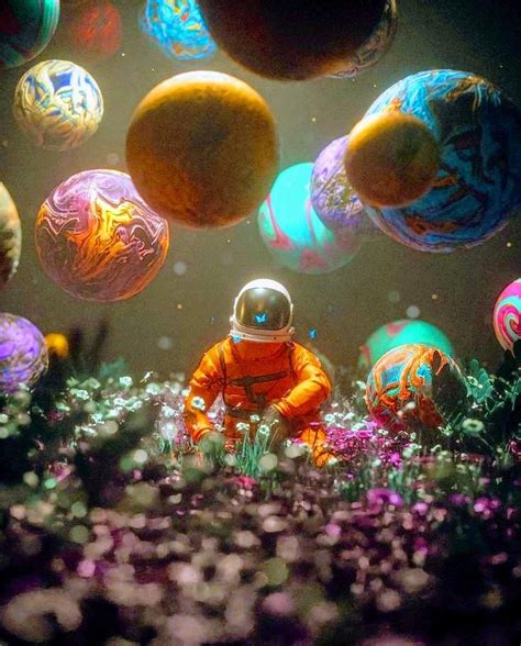 An Astronaut Standing In The Middle Of A Field Surrounded By Colorful