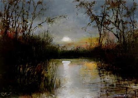 An Oil Painting Of Trees And Water At Sunset