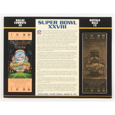 Super Bowl Xxviii Commemorative Score Card With Kt Gold Ticket