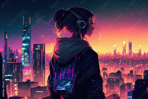 Anime Girl With Headset Vibe To Music Cyberpunk Steampunk Sci Fi Fantasy Stock Illustration