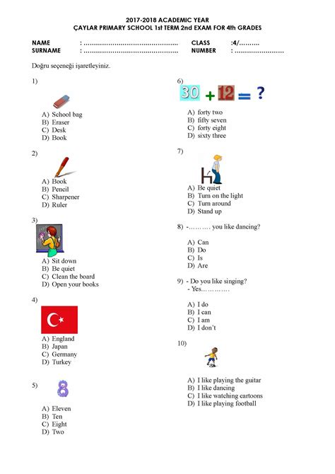 4 Sınıf İngilizce 1 Dönem 2 Yazılı Soruları ve Cevapları HangiSoru