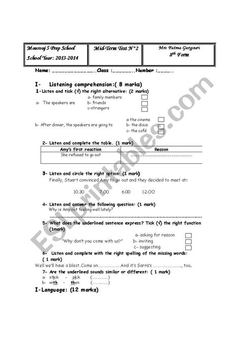 Mid Term Test N Esl Worksheet By Fatma Gargouri