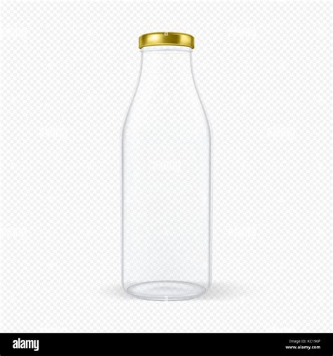 Vector realistic transparent closed empty glass milk bottle with golden lid closeup isolated on ...