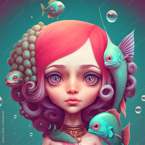 Illustration Of A Beautiful Mermaid Girl Portrait With Pink And Purple Hair And Beautiful Big