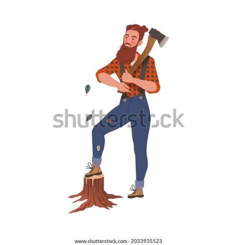 Bearded Woodman Lumberman Checkered Shirt Sling Stock Vector Royalty