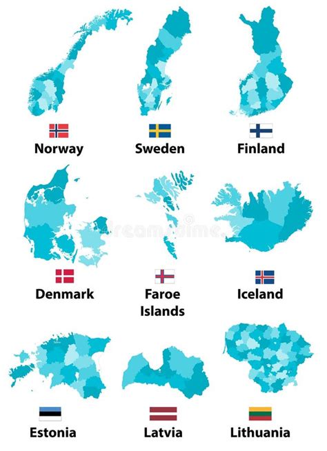 Vector Maps And Flags Of Europe Countries With Administrative Divisions