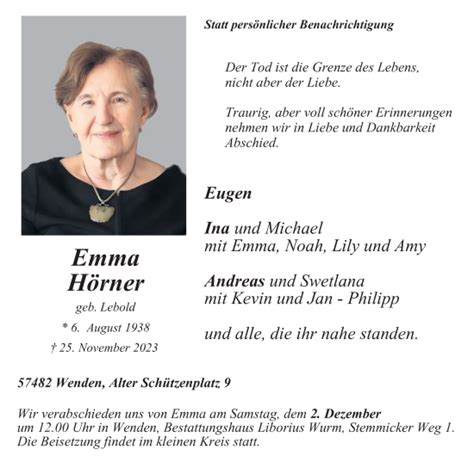 Traueranzeigen Von Emma H Rner Trauer In Nrw De