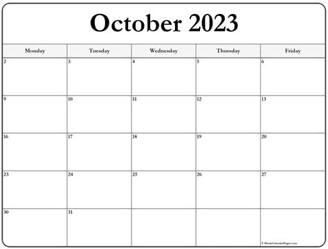 October 2023 Monday Calendar | Monday to Sunday