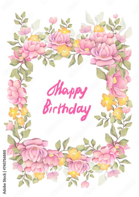 Watercolor Floral Happy Birthday Greeting Card Design For Woman Text