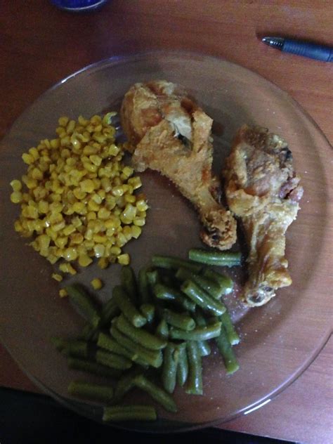 Home Made Fried Chicken Corn And Green Beans Thanks To My Roommate Making Fried Chicken