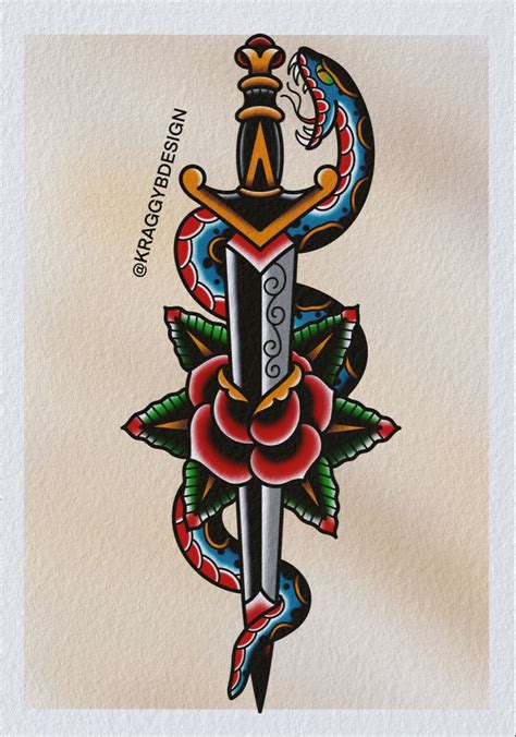 Sailor Jerry Dagger Snake Traditional Tattoo Flash Print In 2023