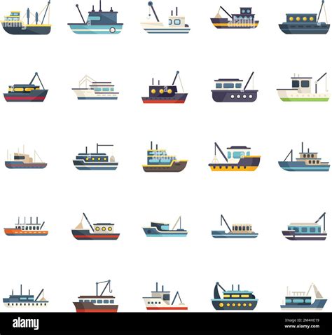 Fishing Boat Icons Set Flat Vector Cargo Marine Ocean Ship Isolated