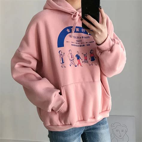 Ulzzang Harajuku Kawaii Cartoon Print Plus Velvet Pink Hoodies Women