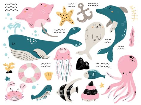 Premium Vector | COLORFUL SEA ANIMAL DOODLE