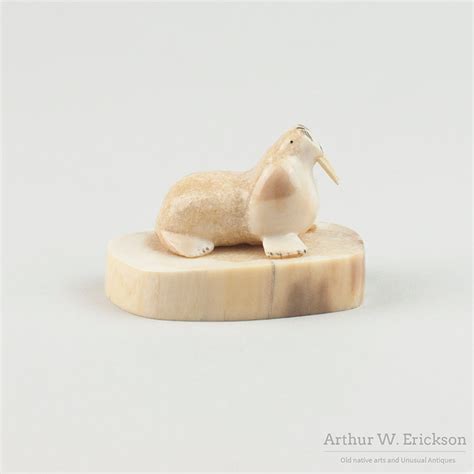 Inuit Carved Ivory Walrus on an Ivory Mount