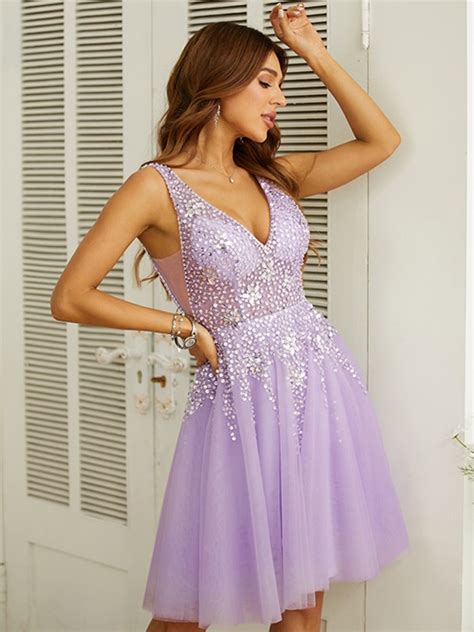 A Line Princess Tulle Beading V Neck Sleeveless Knee Length Dresses