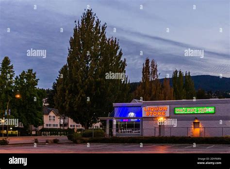 COQUITLAM, CANADA - OCTOBER 01, 2019: liquor store and other stores ...