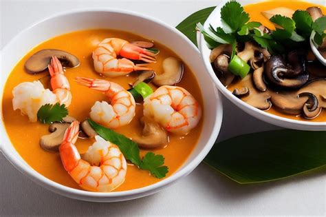 Gran Plato Hondo Con Sopa Tom Yam Con Trozos De Champi Ones Y Gambas