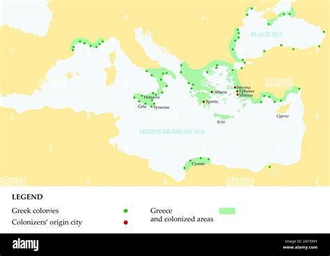 Ancient Greece Map Showing The Greek Empire And Its Colonies Stock