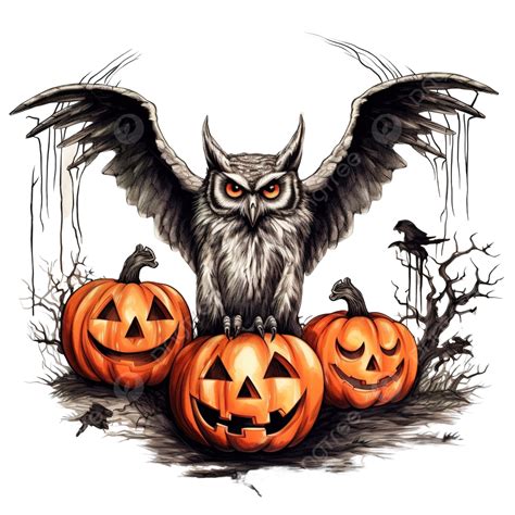 Trick Or Treat Halloween Hand Drawn Flying Owl And Pumpkins With Spider