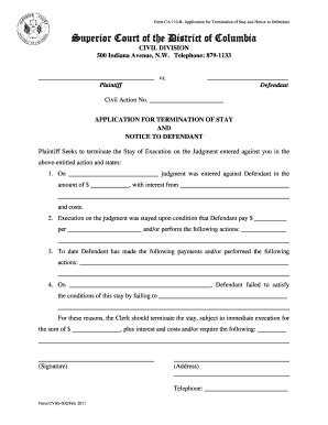 Fillable Online Dccourts Application For Termination Of Stay And Notice