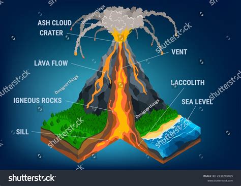 isometric volcano cross section infographic structure stock