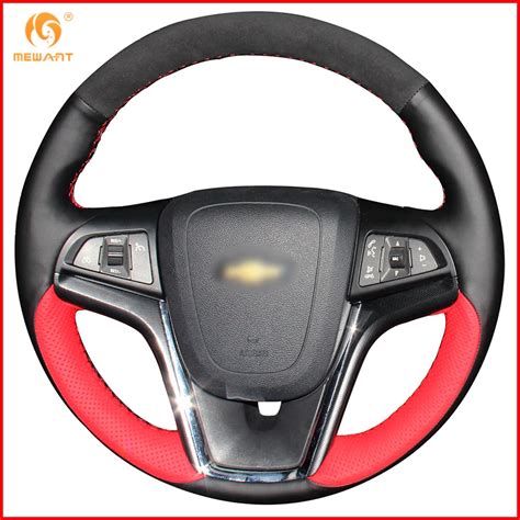 Mewant Black Red Genuine Leather Black Suede Car Steering Wheel Cover