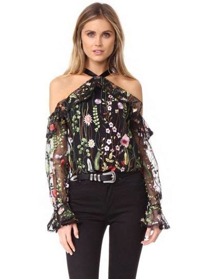 Halter Off Shoulder Long Sleeve Floral Printed Blouse Con