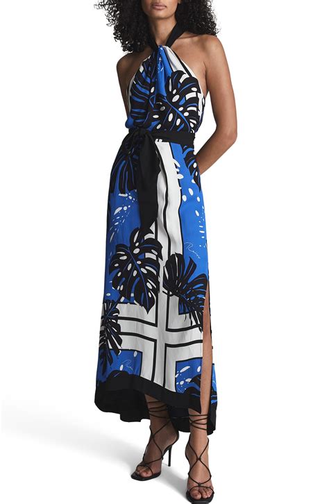 Reiss Erin Leaf Print Halter Neck Maxi Dress In Blue Lyst