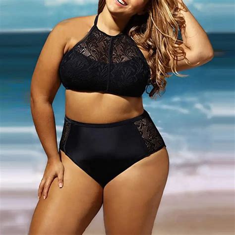 Plus Size Sexy Pure Black Lace Bikini Women Hollow Strap High Waist