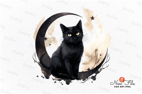 Black Cat And Moon Watercolor Clipart Graphic By Crafticy Creative