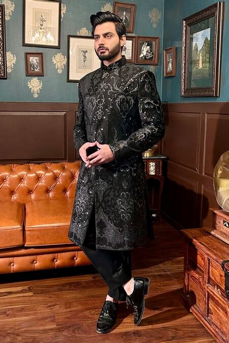 Buy Black Sherwani Velvet Embellished Sequin Pant Pyjama Set For Men By