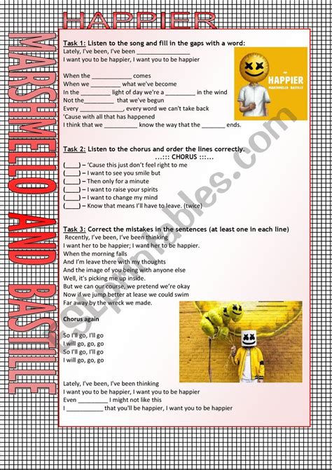 Happier Marshmello And Bastille Esl Worksheet By Angiec4