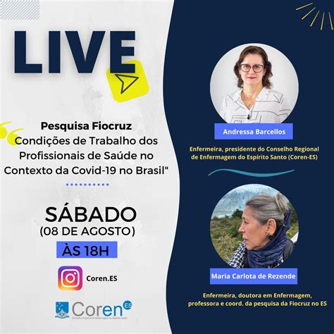 Pesquisa Da Fiocruz Sobre Condições De Trabalho é Tema Da Live Do Coren Es Deste Sábado 8