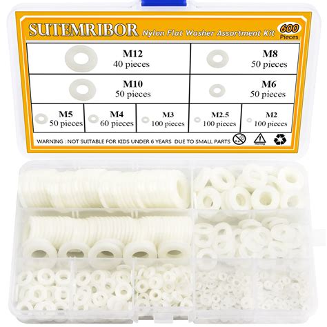 Sutemribor Nylon Flat Washer Assortment Set 600 Pieces 9 Sizes M2 M25 M3 M4 M5 M6 M8 M10 M12