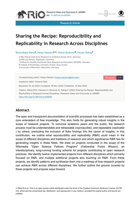 Pdf Sharing The Recipe Reproducibility And Replicability In Research