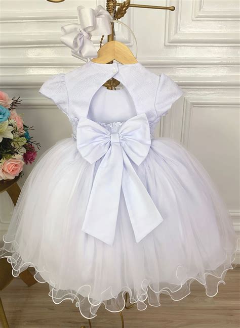 Vestido Infantil Branco Aplique de Borboleta Renda Pérolas Rosa