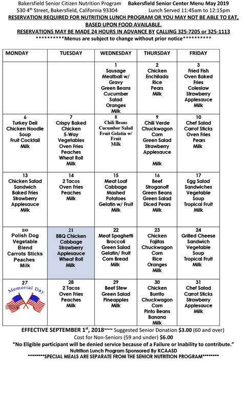 Lunch Menu Bakersfield Senior Center
