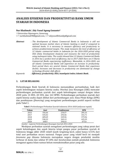 ANALISIS EFISIENSI DAN PRODUKTIVITAS BANK UMUM SYARIAH DI INDONESIA