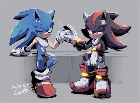 Two Sonic And Shadow Characters Standing Next To Each Other In Front Of